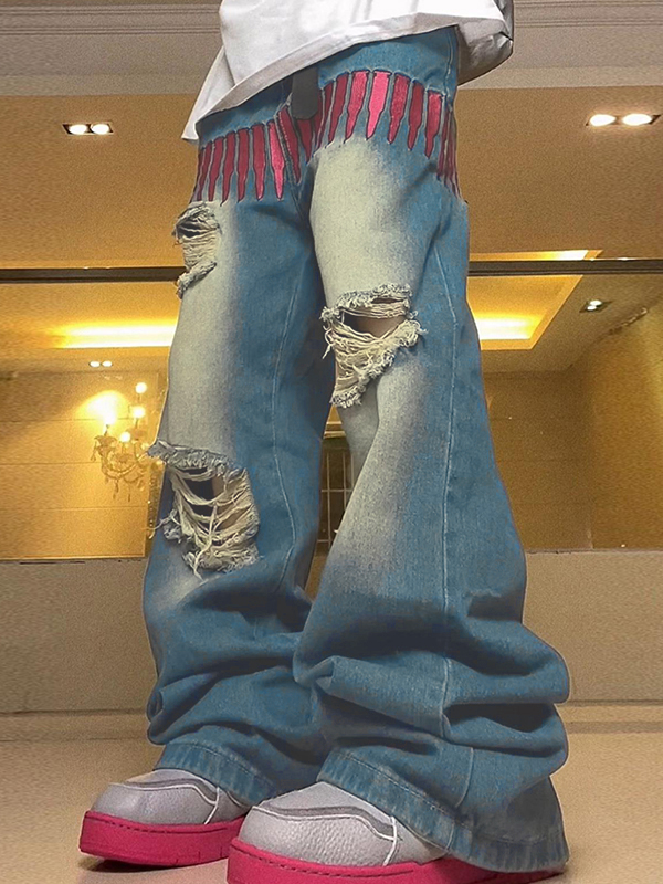 Zerrissene, lockere Herrenjeans mit Bullet-Stickerei in Rosa-4