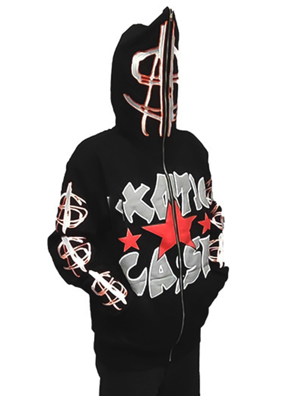 Übergroßer Hip-Pop-Letter-Print-Hoodie mit durchgehendem Reißverschluss für Herren-1