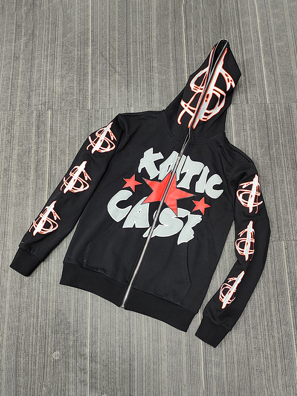 Übergroßer Hip-Pop-Letter-Print-Hoodie mit durchgehendem Reißverschluss für Herren-2