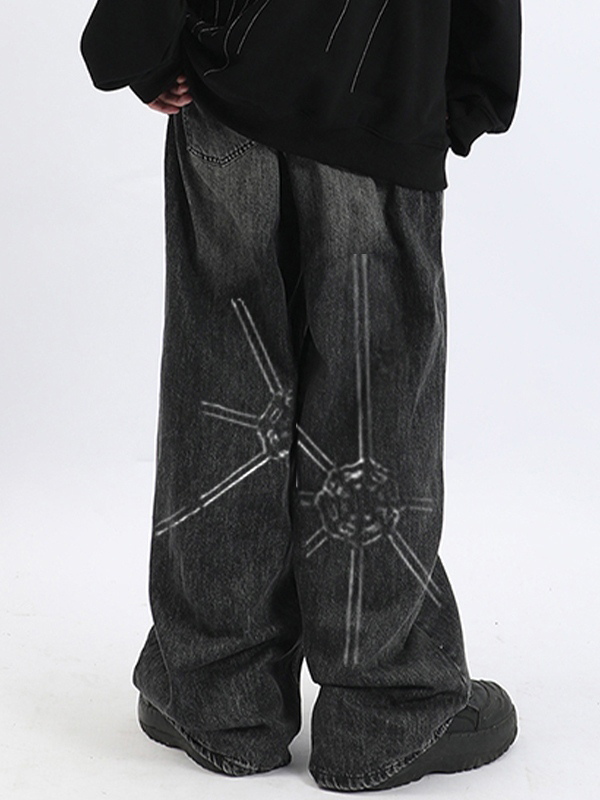 Lose Herrenjeans mit verwaschenem Spinnennetz-Print-1