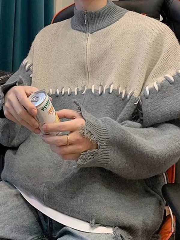 Herren-Strickjacke mit Splice-Tattered-Design und Reißverschluss-2