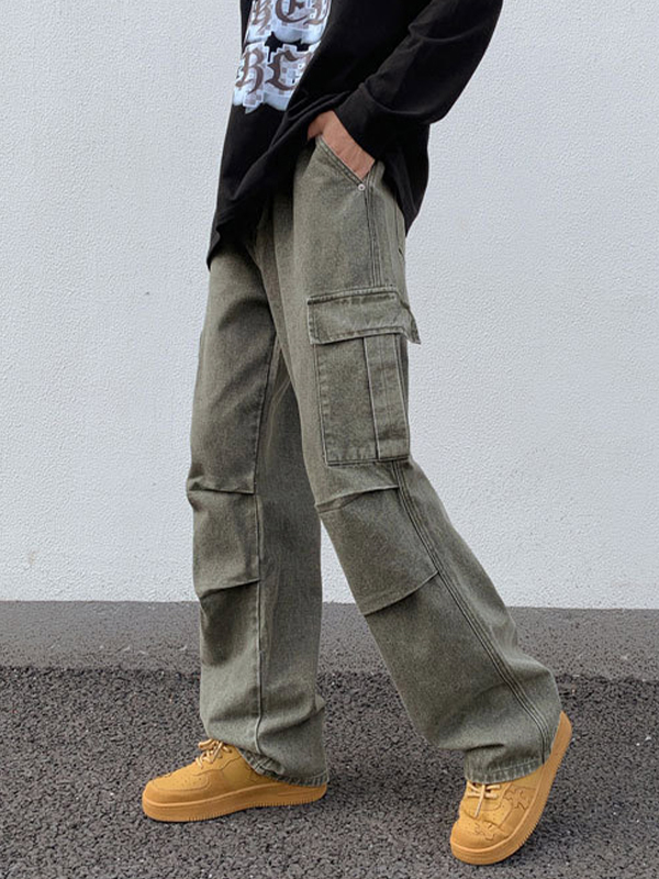 Grüne Cargo-Jeans für Herren mit mehreren Taschen und Rüschen-6
