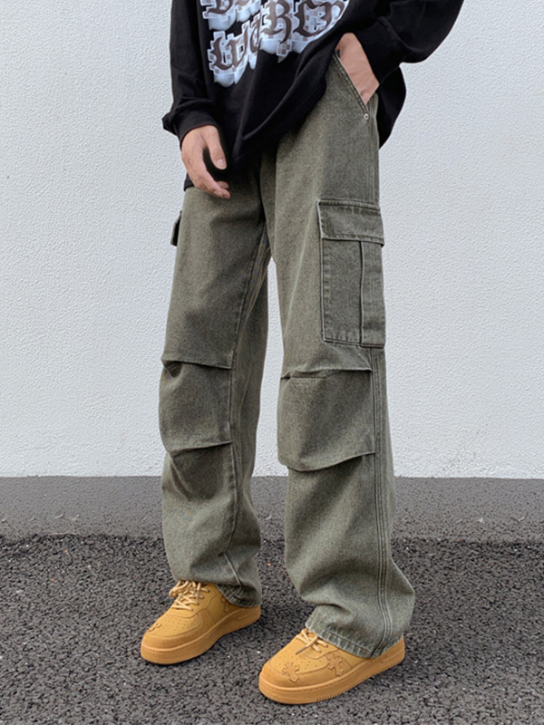 Grüne Cargo-Jeans für Herren mit mehreren Taschen und Rüschen-4