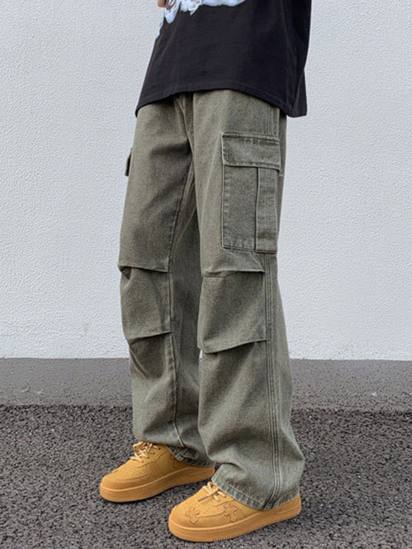Grüne Cargo-Jeans für Herren mit mehreren Taschen und Rüschen-2