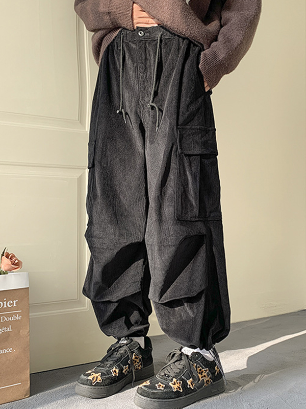 Herren-Cargohose aus Cord mit großen Taschen und Kordelzug-2