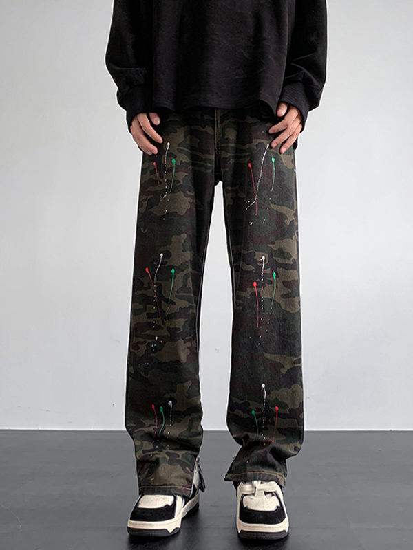 Lockere Herrenjeans mit Camo-Splash-Ink-Print und seitlichem Reißverschluss-1