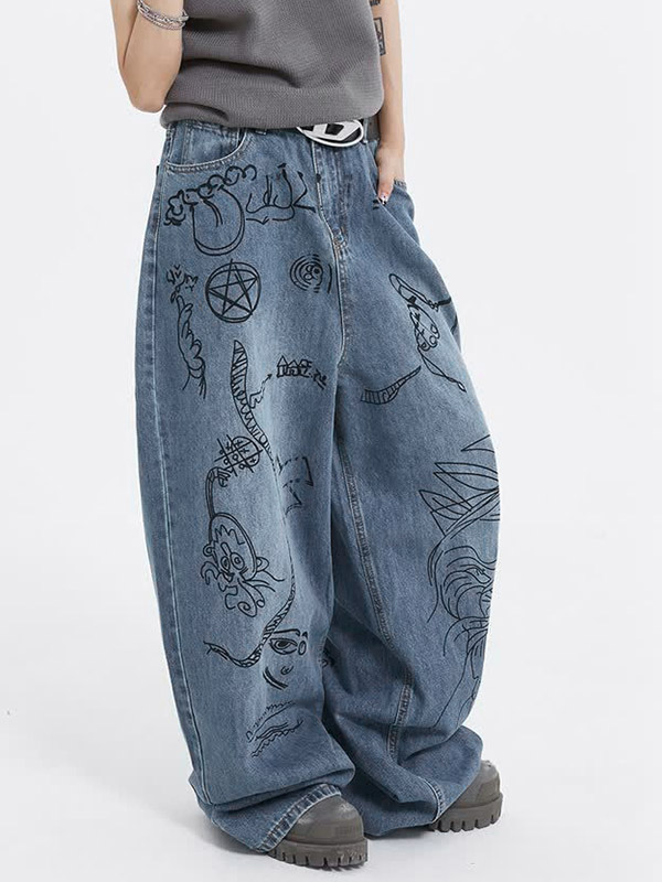 Interessante lockere Boyfriend-Jeans mit Graffiti-Print-3