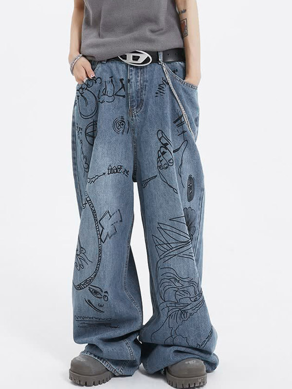 Interessante lockere Boyfriend-Jeans mit Graffiti-Print-2