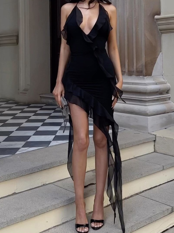 Minikleid mit Neckholder und Rüschenbesatz und unregelmäßigem Saum und V-Ausschnitt-1