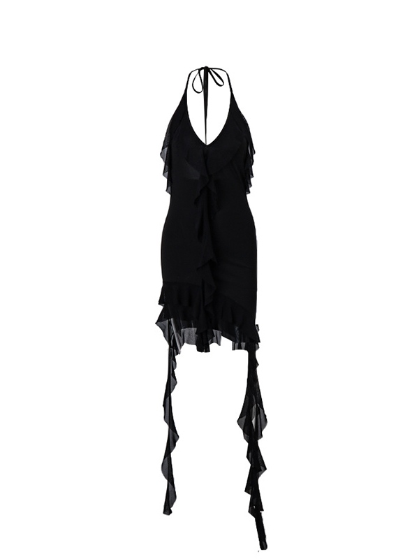 Minikleid mit Neckholder und Rüschenbesatz und unregelmäßigem Saum und V-Ausschnitt-5
