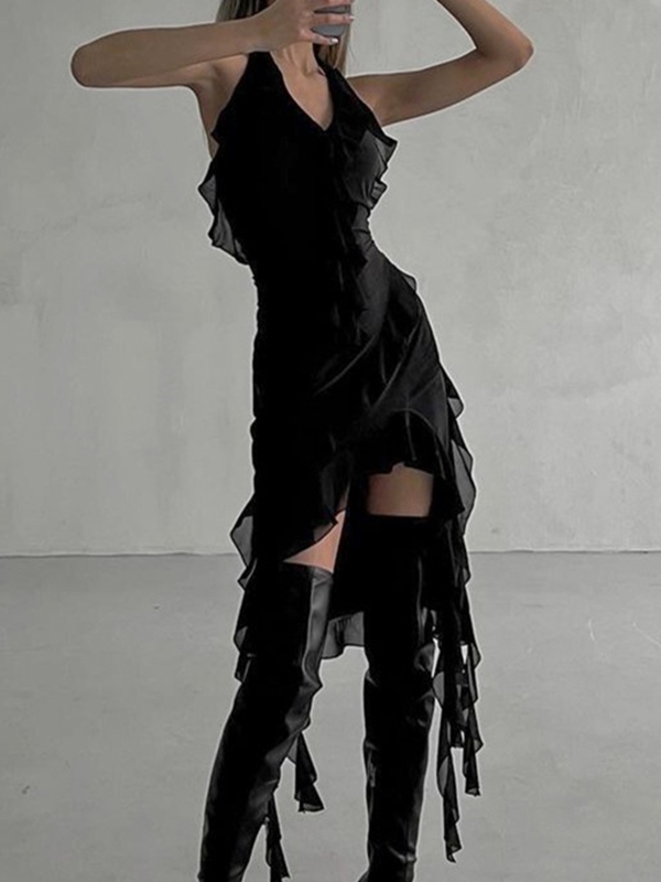 Minikleid mit Neckholder und Rüschenbesatz und unregelmäßigem Saum und V-Ausschnitt-2
