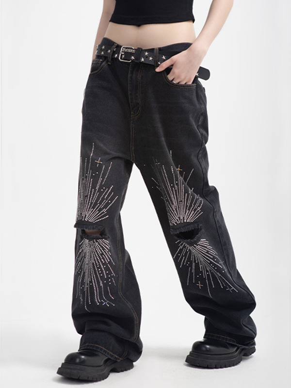 Zerrissene Jeans mit geradem Bein und Feuerwerk-Strassmuster für Herren-2
