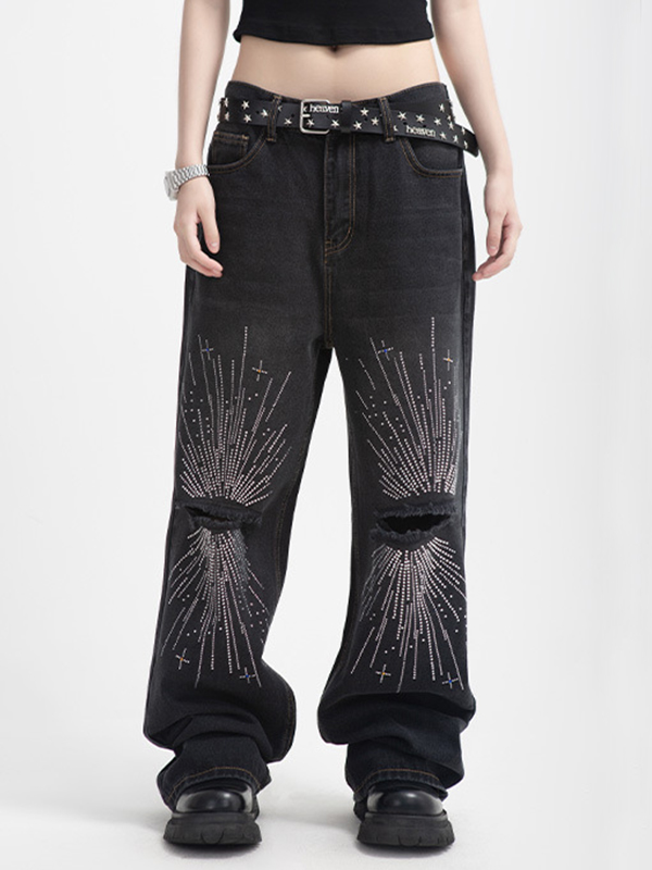 Zerrissene Jeans mit geradem Bein und Feuerwerk-Strassmuster für Herren-3