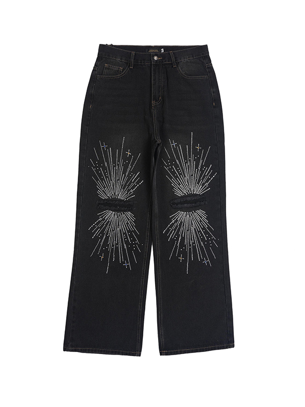 Zerrissene Jeans mit geradem Bein und Feuerwerk-Strassmuster für Herren-4