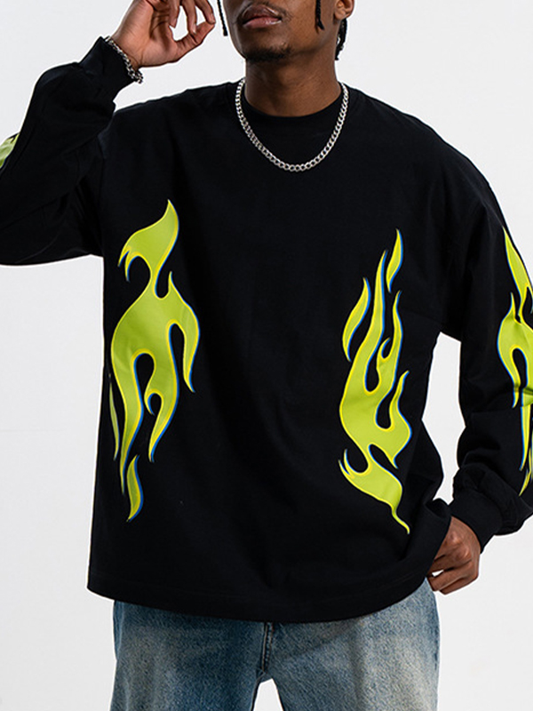 Herren-Langarm-T-Shirt mit leuchtend grünem Flammen-Print-2