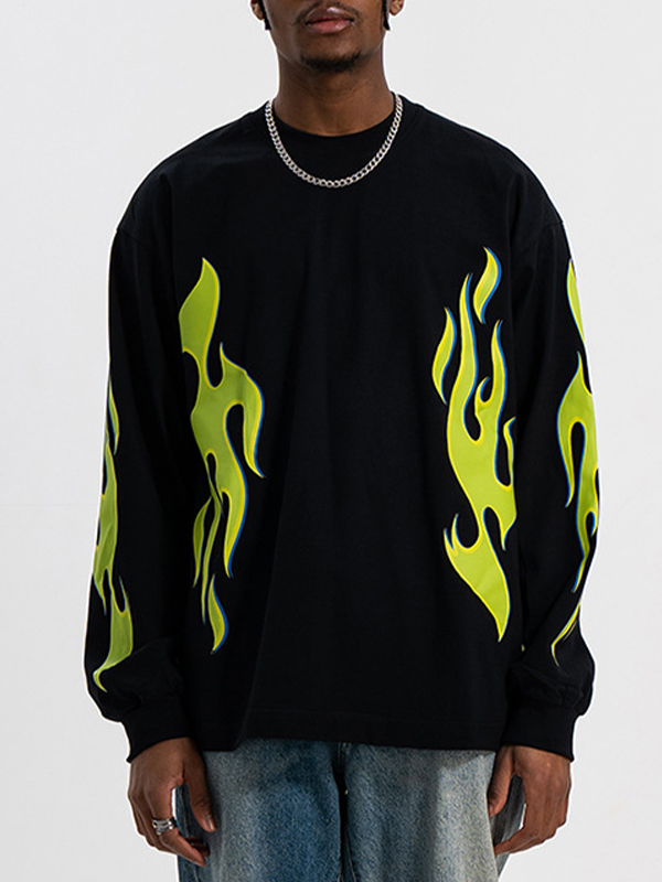 Herren-Langarm-T-Shirt mit leuchtend grünem Flammen-Print-4