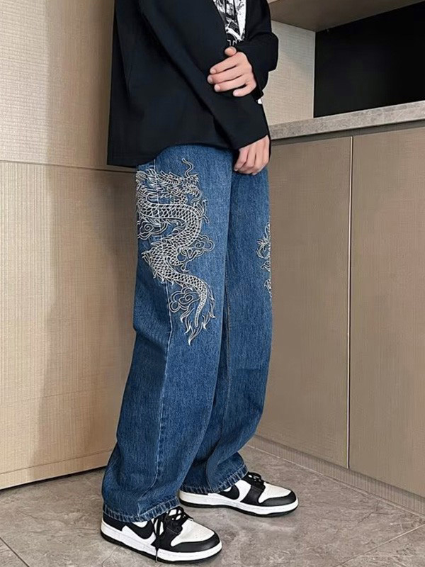 Herrenjeans mit geradem Bein und Drachenstickerei-3