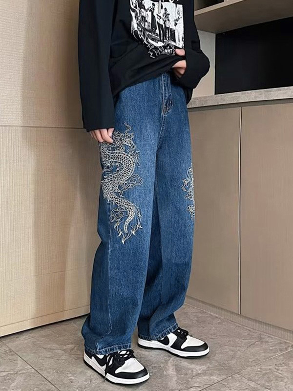Herrenjeans mit geradem Bein und Drachenstickerei-1