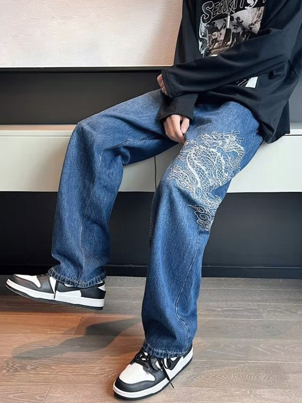 Herrenjeans mit geradem Bein und Drachenstickerei-2