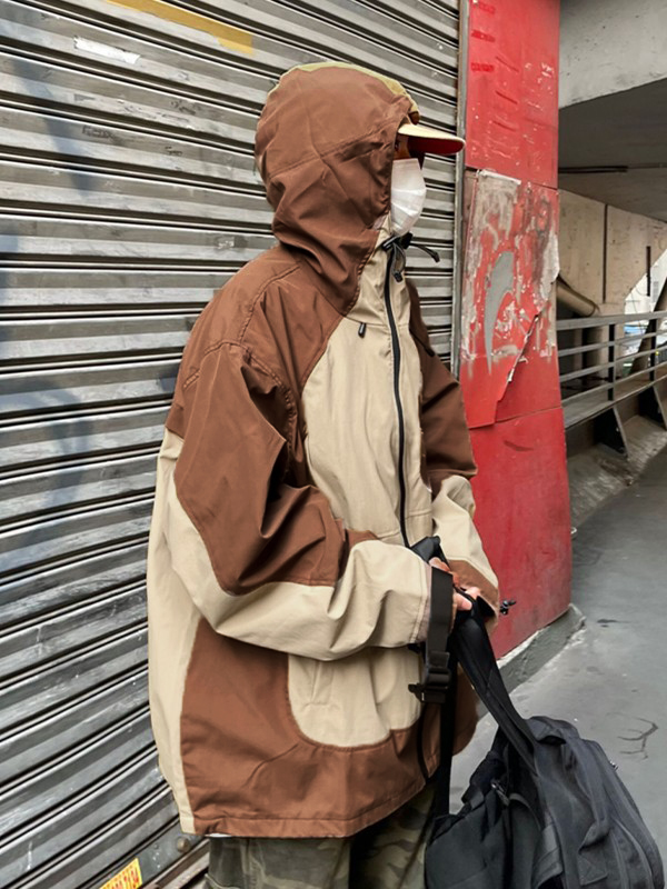 Oversize-Stickerei-Farbblock-Kapuzenjacke mit Reißverschluss-1