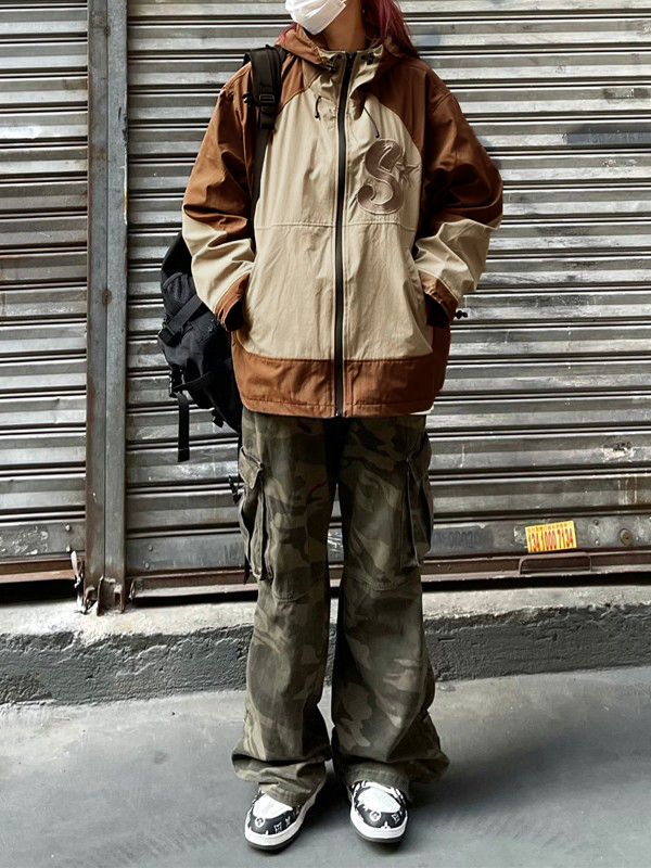 Oversize-Stickerei-Farbblock-Kapuzenjacke mit Reißverschluss-3