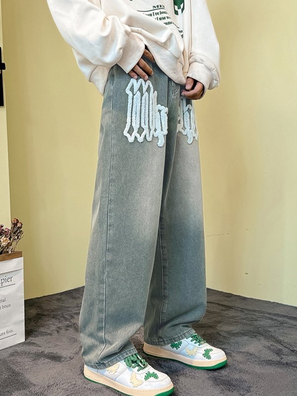 Fuzzy Letter Straight Leg Jeans für Herren-3