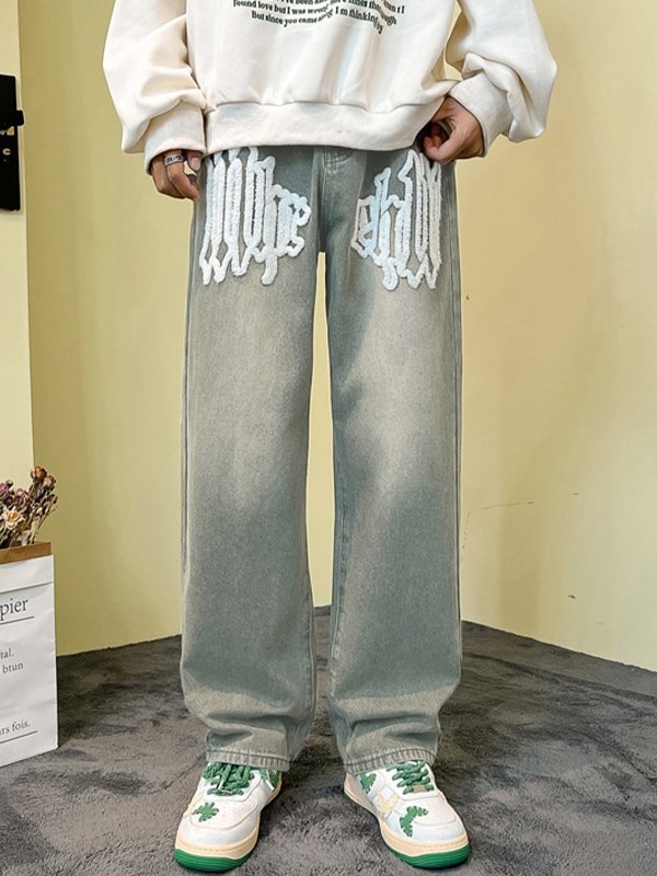 Fuzzy Letter Straight Leg Jeans für Herren-2