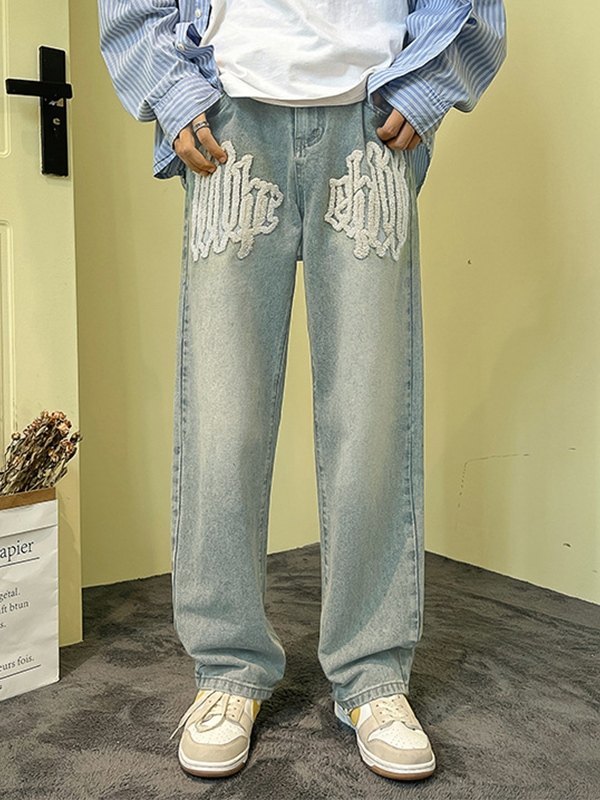 Fuzzy Letter Straight Leg Jeans für Herren-1