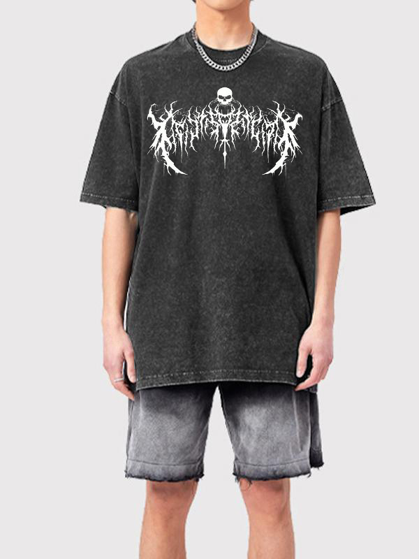 Herren-T-Shirt mit dunklem Print und verwaschenem Oversize-Kurzarm-1