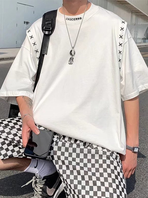 Besticktes Patchwork-Kurzarm-T-Shirt für Herren-1