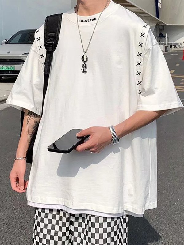 Besticktes Patchwork-Kurzarm-T-Shirt für Herren-2
