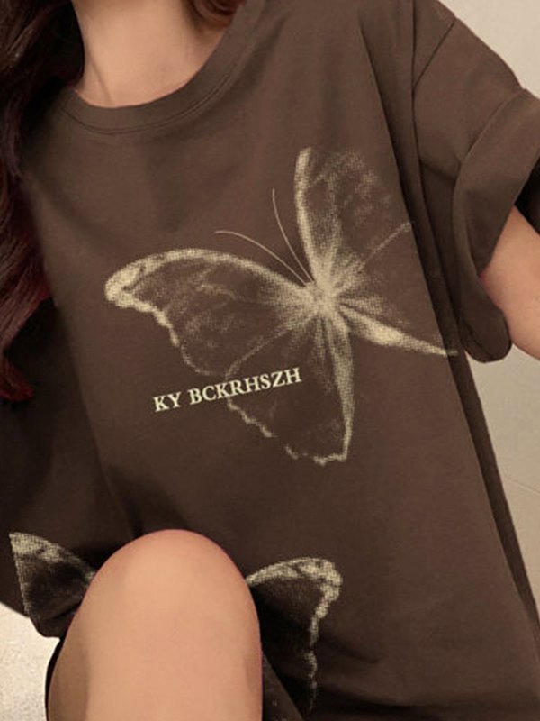 Übergroßes Kurzarm-T-Shirt mit Vintage-Schmetterlingsdruck-1