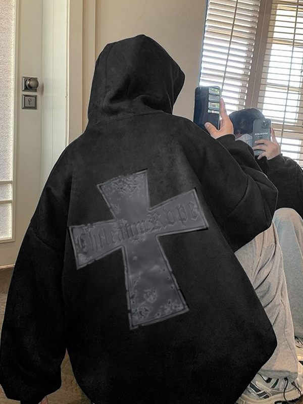 Übergroßer Kapuzenpullover mit Kreuzmuster aus Wildleder für Herren-2