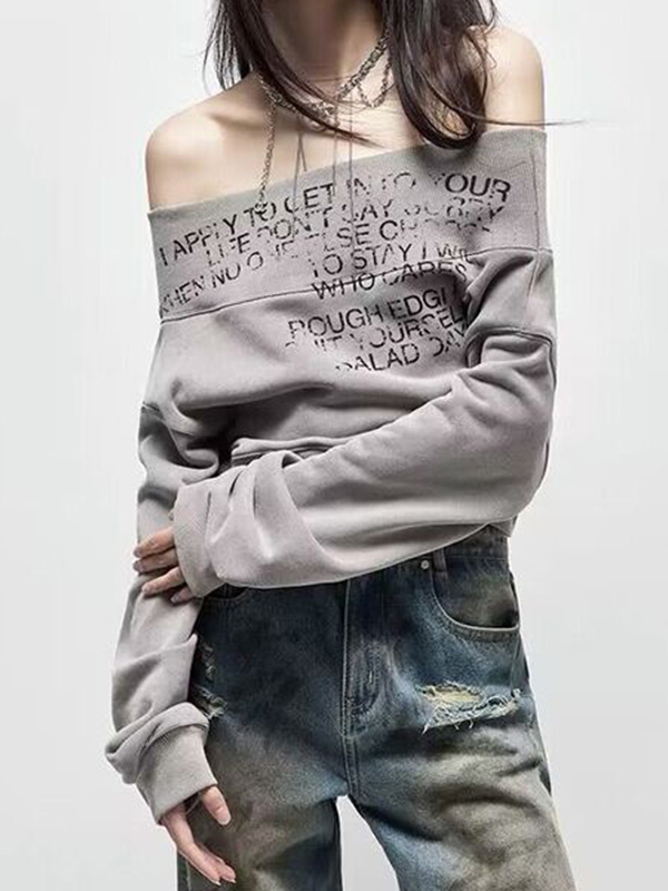 Schulterfreies Sweatshirt mit Buchstaben-Print-2