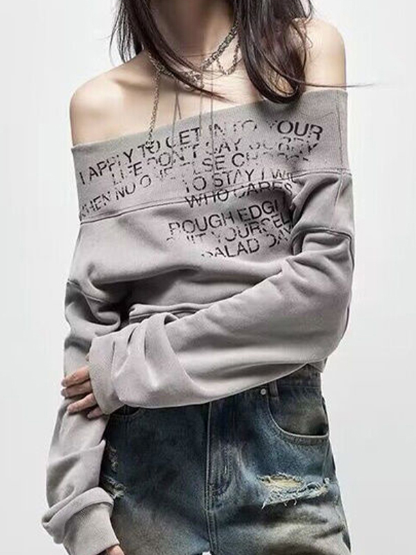 Schulterfreies Sweatshirt mit Buchstaben-Print-1