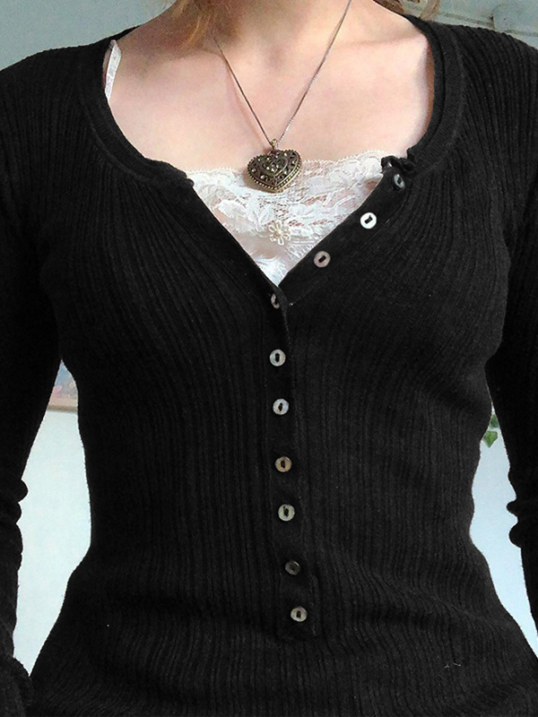 Langärmliges Stricktop mit Spitzeneinsatz und Knöpfen-2