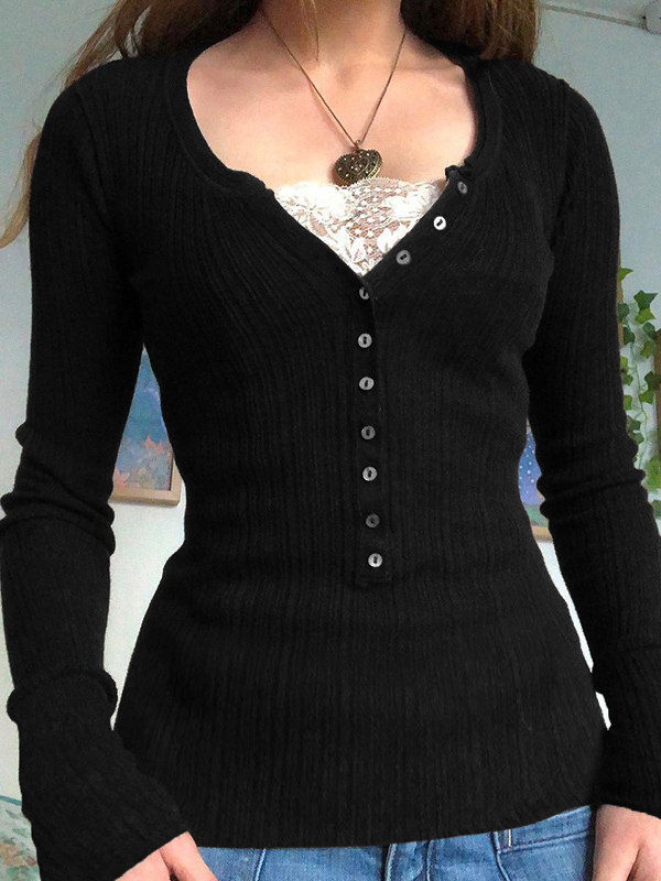 Langärmliges Stricktop mit Spitzeneinsatz und Knöpfen-1
