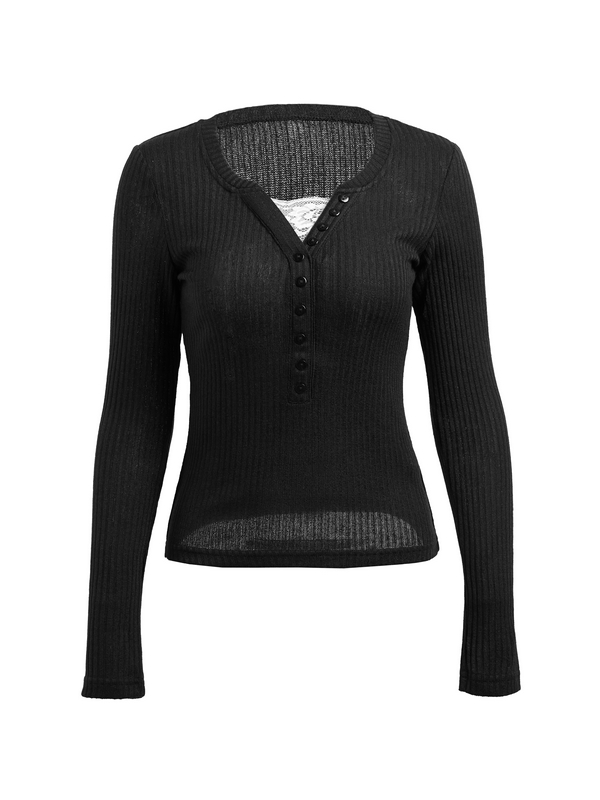 Langärmliges Stricktop mit Spitzeneinsatz und Knöpfen-3