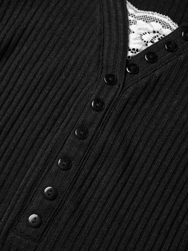 Langärmliges Stricktop mit Spitzeneinsatz und Knöpfen-6