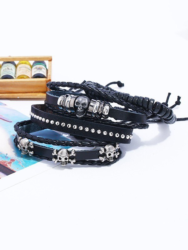 4pcs Schädel-Pu-Leder-Armband-Set-1