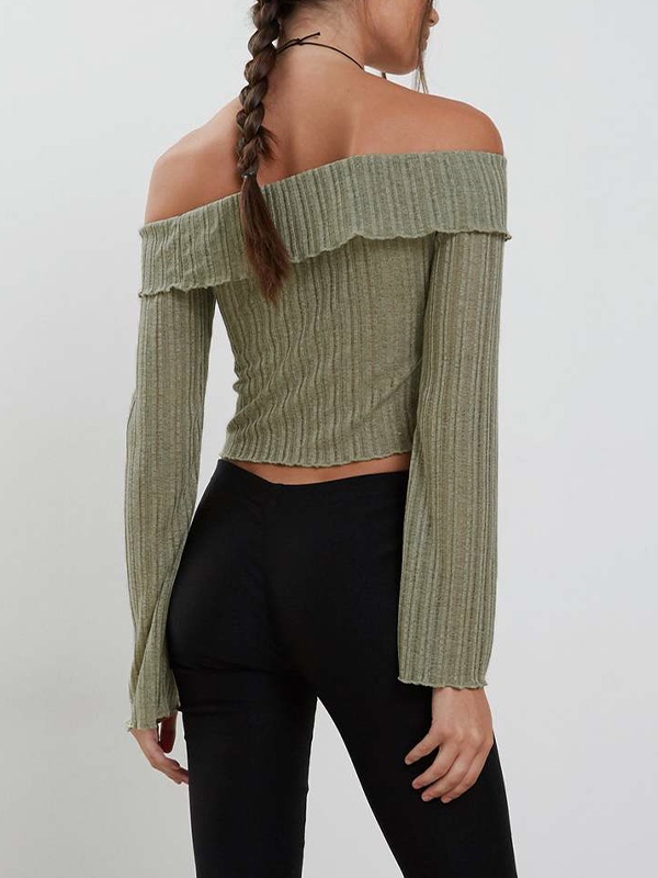 Einfarbiger, schulterfreier, langärmliger Strickpullover mit Schlitz vorne-3