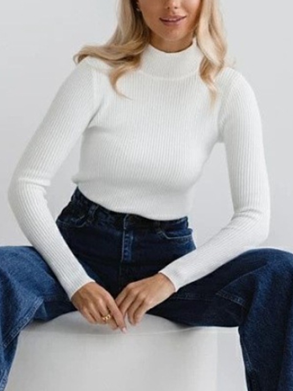 Einfarbiger, schmaler Strickpullover mit Stehkragen-1